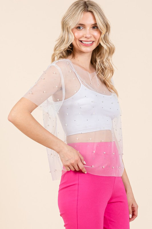 Plus Rhinestone & Pearl Mesh Top - GeeGee