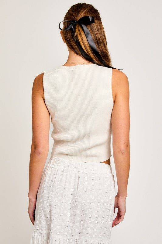 Satin Bow Detail Sleeveless Sweater Top - Le Lis