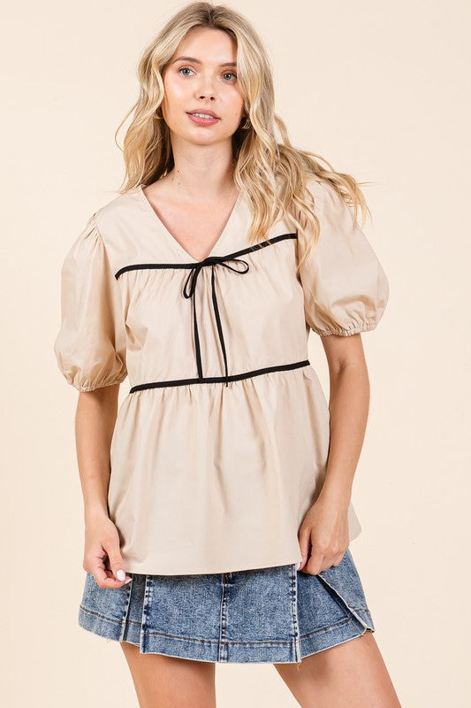 Piping Detail Babydoll Top - GeeGee