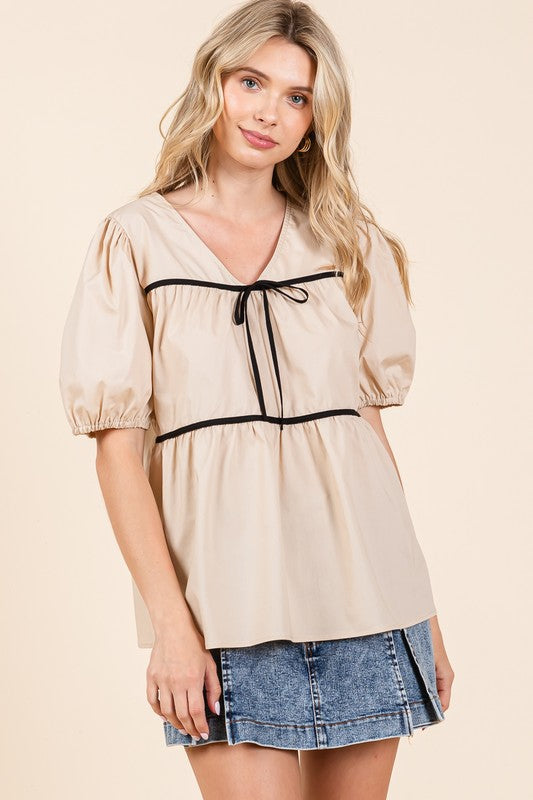 Piping Detail Babydoll Top - GeeGee