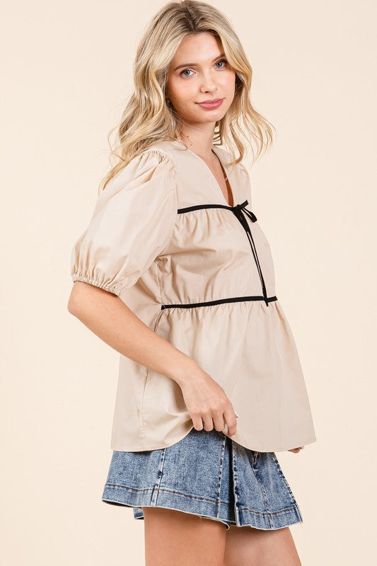 Piping Detail Babydoll Top - GeeGee