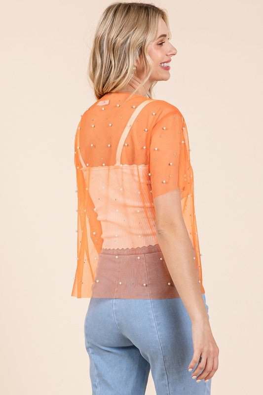 Plus Rhinestone & Pearl Mesh Top - GeeGee