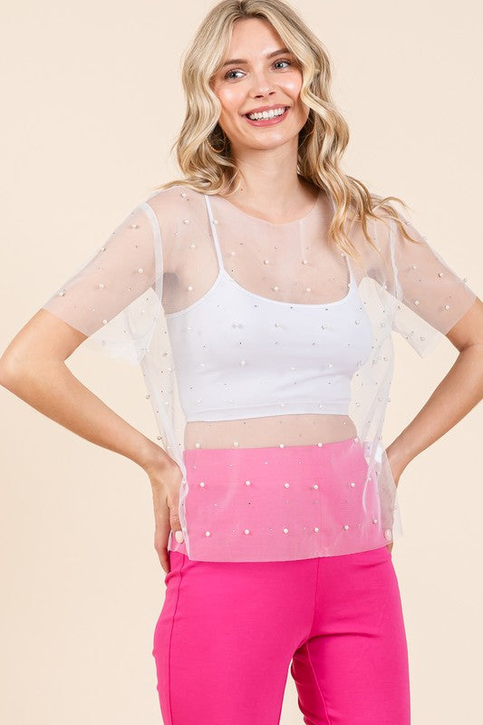 Plus Rhinestone & Pearl Mesh Top - GeeGee