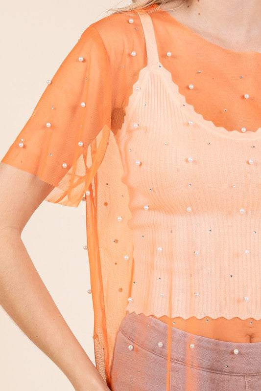 Plus Rhinestone & Pearl Mesh Top - GeeGee