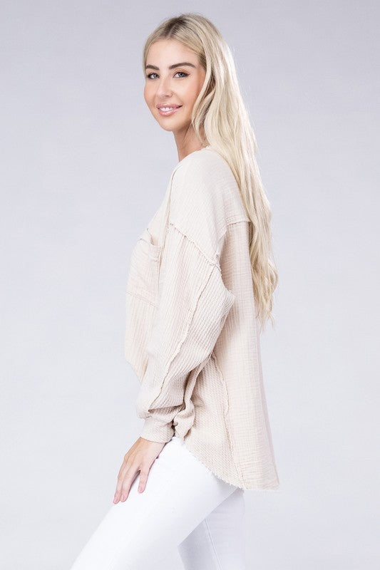 Double Gauze Oversized 3/4 Button Henley Neck Top - Zenana