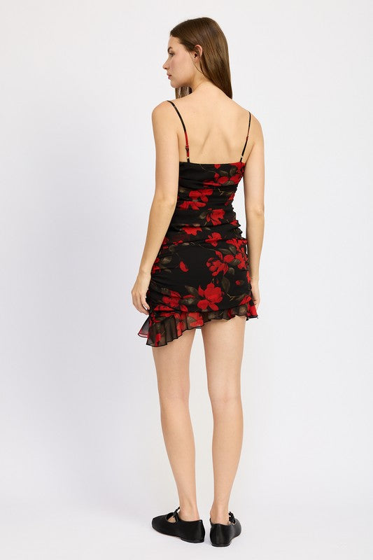 Ruched Asymmetrical Neck Dress With Ruffle Detail - Emory Park