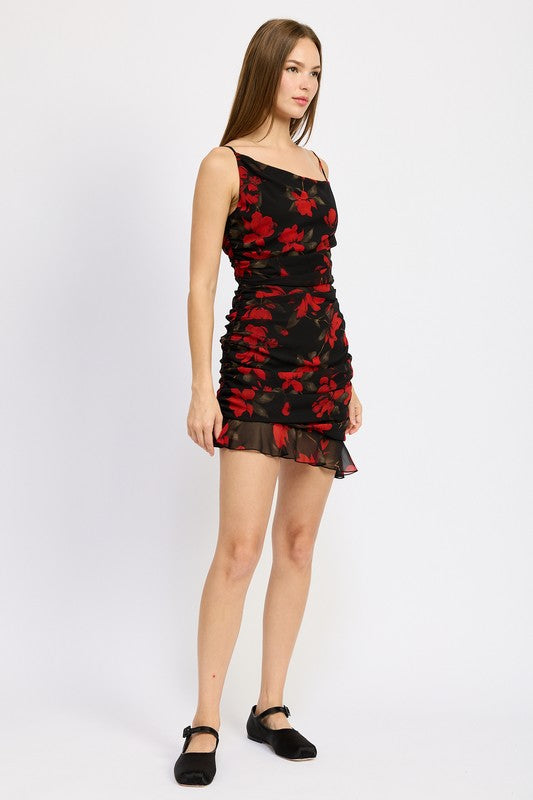Ruched Asymmetrical Neck Dress With Ruffle Detail - Emory Park