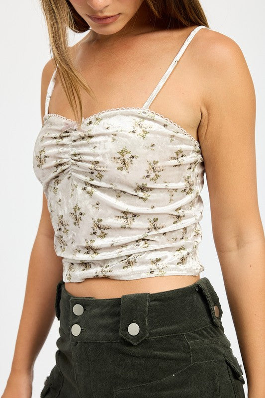 Velvet Ruched Top With Lace Detail - Emory Park