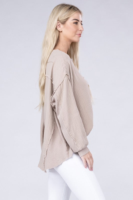 Double Gauze Oversized 3/4 Button Henley Neck Top - Zenana
