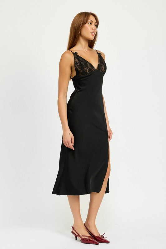 Satin Lace Cami Midi Dress With Slit - Emory Park