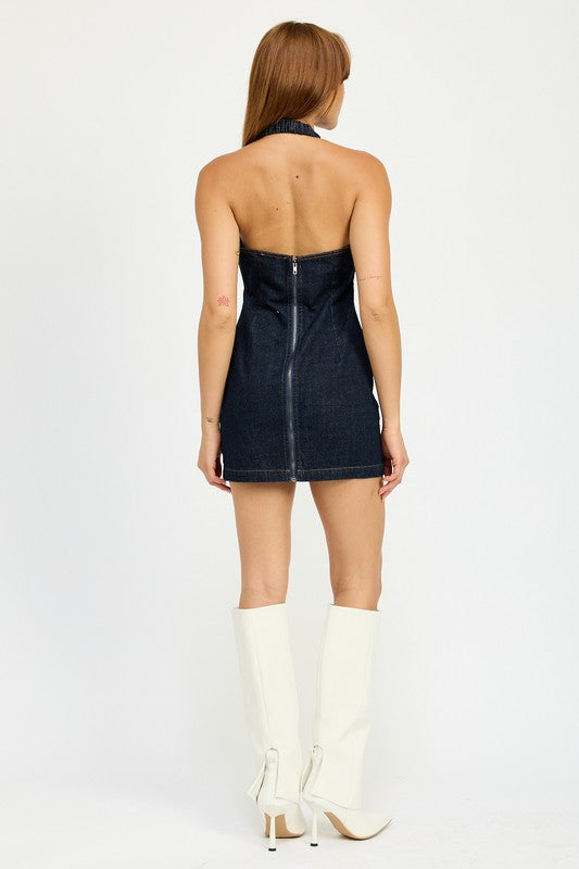 Halter Neck Mini Denim Dress With Cut Out - Emory Park