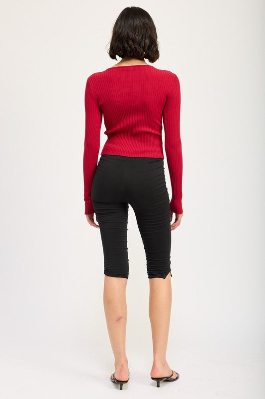 Long Sleeve Ribbed Top With Bow Detail - Emory Park