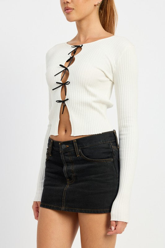 Long Sleeve Ribbed Top With Bow Detail - Emory Park