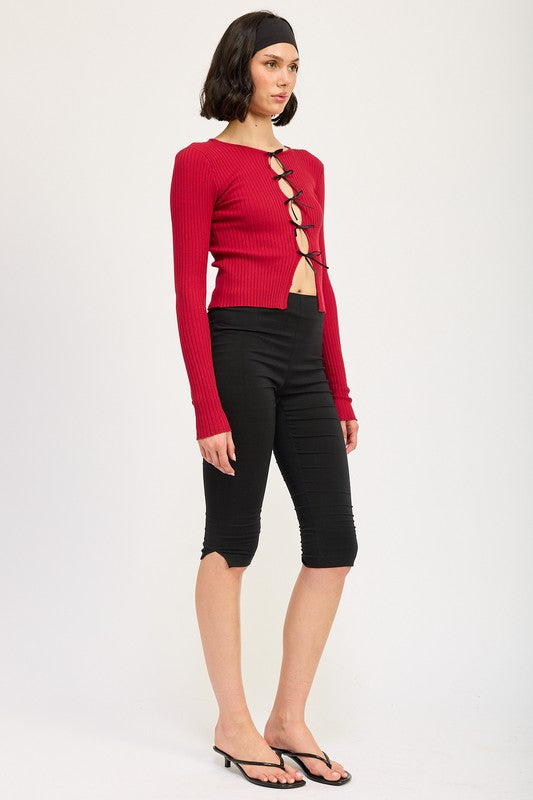 Long Sleeve Ribbed Top With Bow Detail - Emory Park