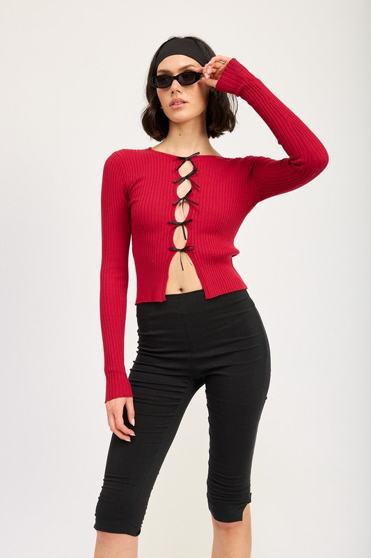 Long Sleeve Ribbed Top With Bow Detail - Emory Park