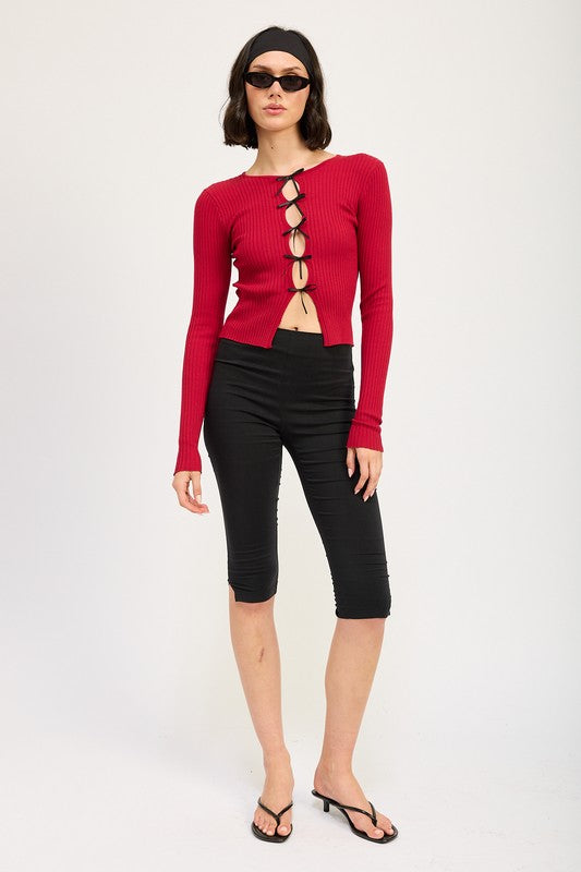 Long Sleeve Ribbed Top With Bow Detail - Emory Park