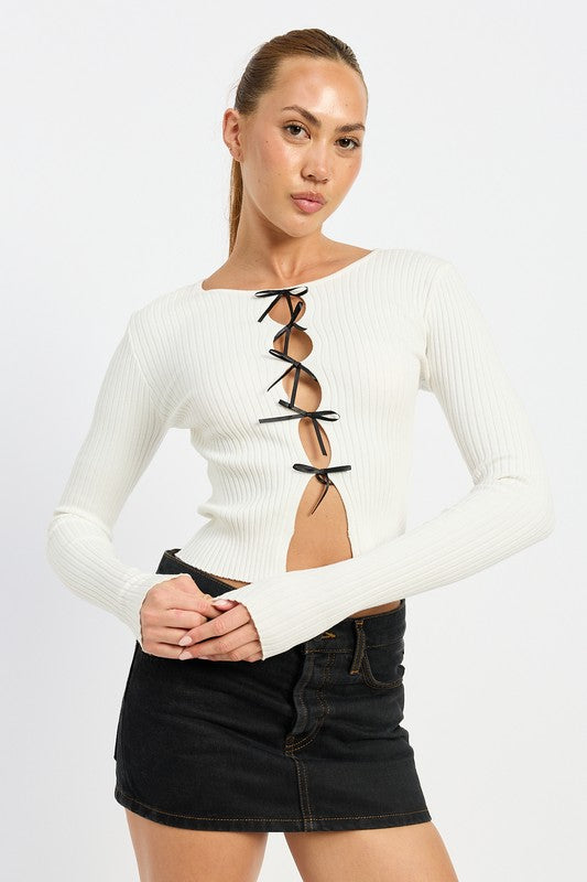 Long Sleeve Ribbed Top With Bow Detail - Emory Park
