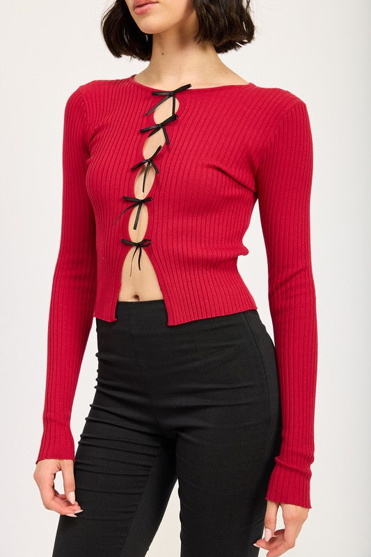 Long Sleeve Ribbed Top With Bow Detail - Emory Park