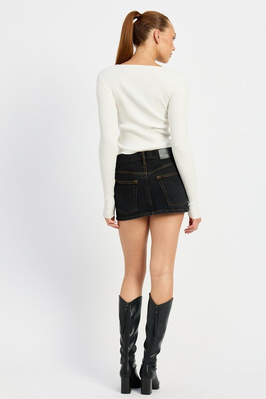 Long Sleeve Ribbed Top With Bow Detail - Emory Park