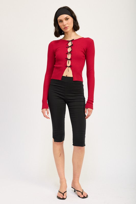 Long Sleeve Ribbed Top With Bow Detail - Emory Park