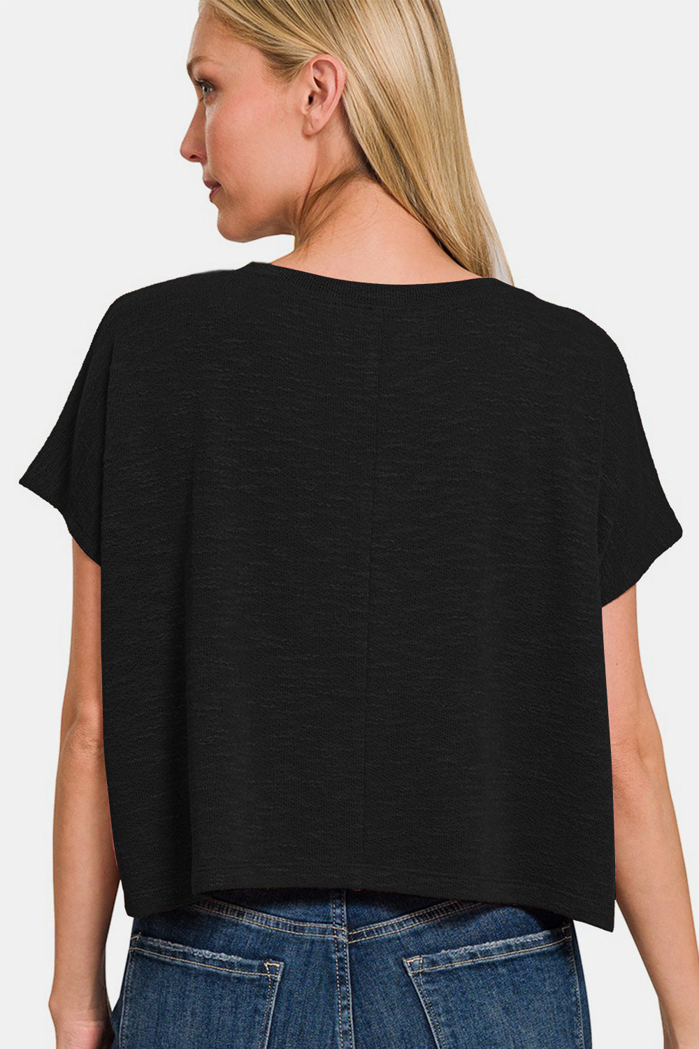 Zenana V-Neck Short Sleeve Crop T-Shirt - Black