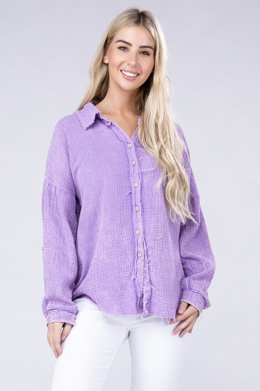Washed Double Gauze Button Down Shirt - Zenana