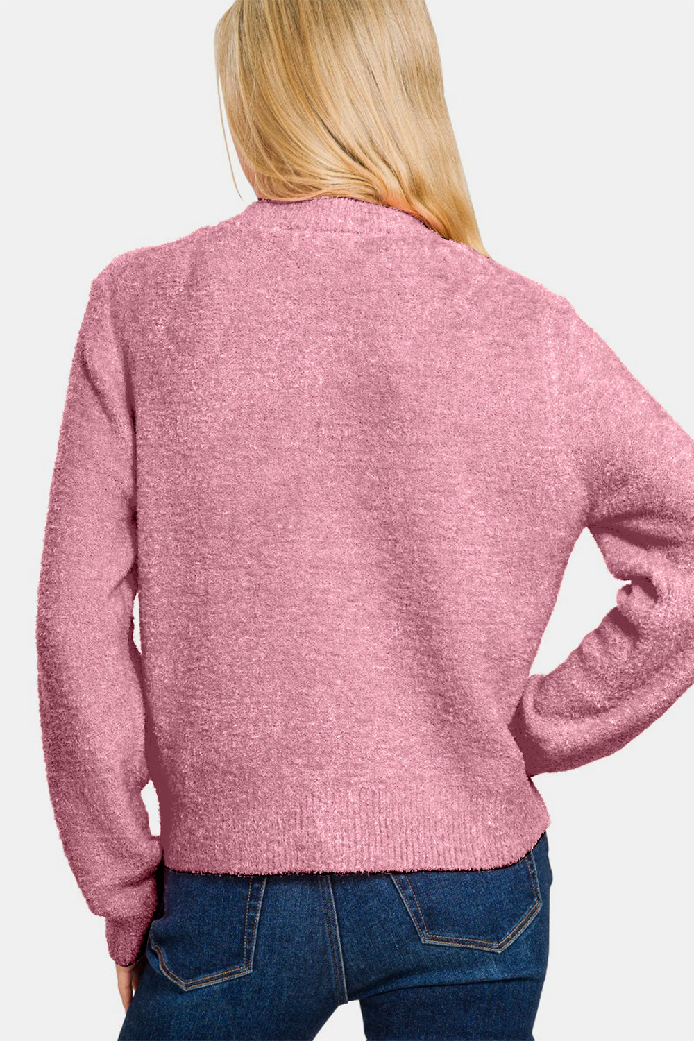 Zenana Button Down Long Sleeve Sweater Cardigan - Rose