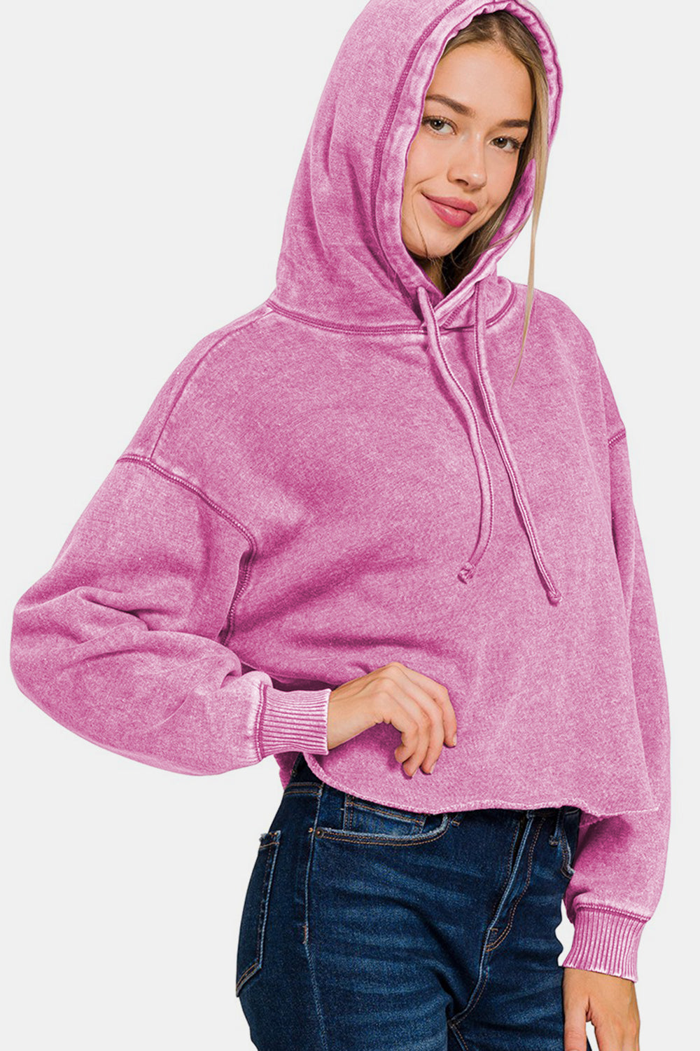 Zenana Acid Wash Fleece Cropped Hoodie - Mauve