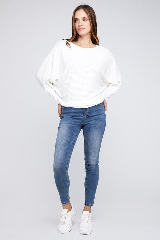 Ribbed Batwing Long Sleeve Boat Neck Sweater - Zenana