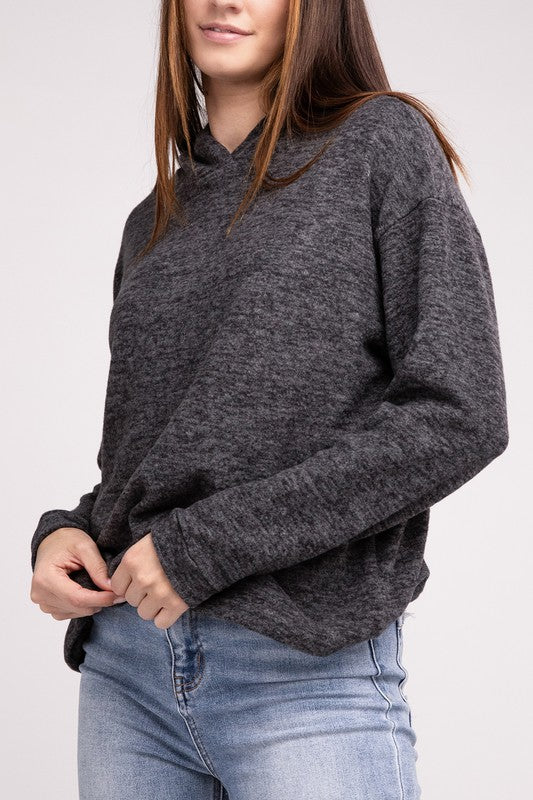 Hooded Brushed Melange Hacci Sweater - Zenana
