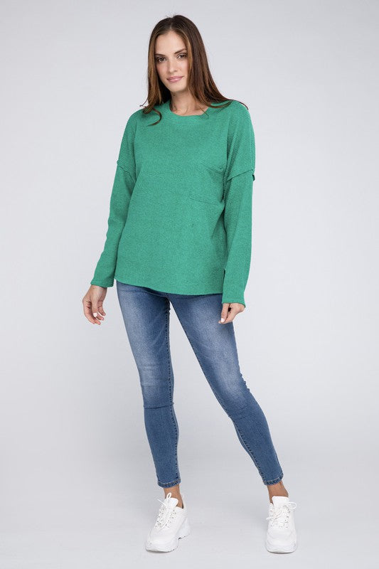 Ribbed Brushed Melange Hacci Sweater with a Pocket - Zenana