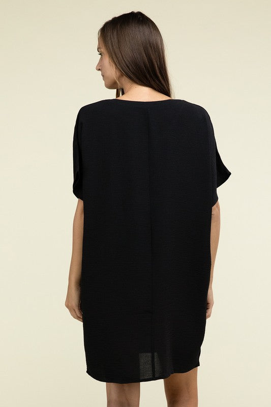 Woven Airflow V Neck T-Shirt Dress with Pockets - Zenana