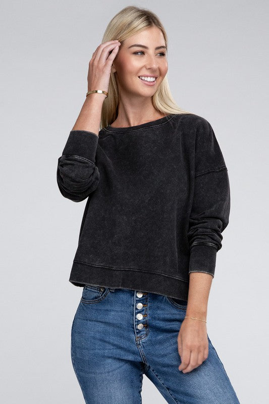 French Terry Acid Wash Boat Neck Pullover - Zenana