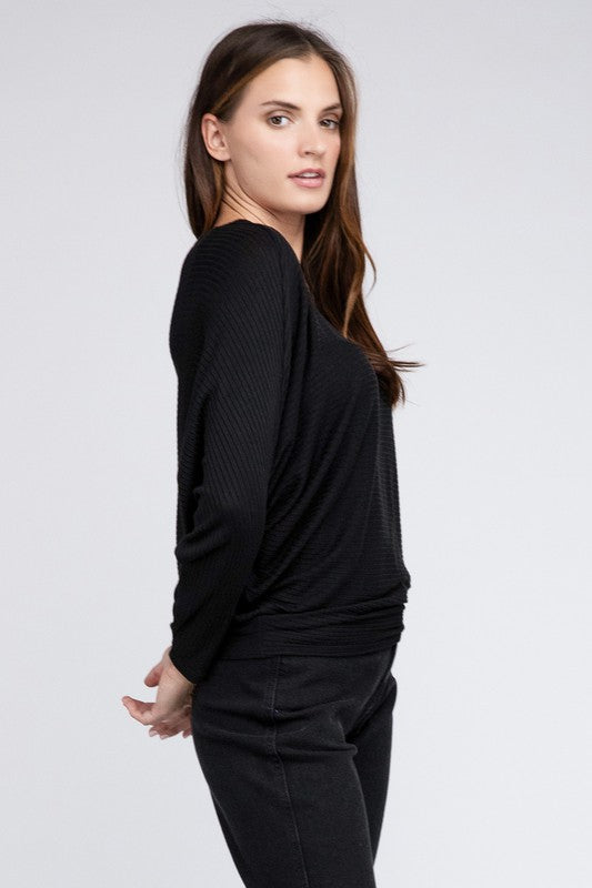 Ribbed Batwing Long Sleeve Boat Neck Sweater - Zenana