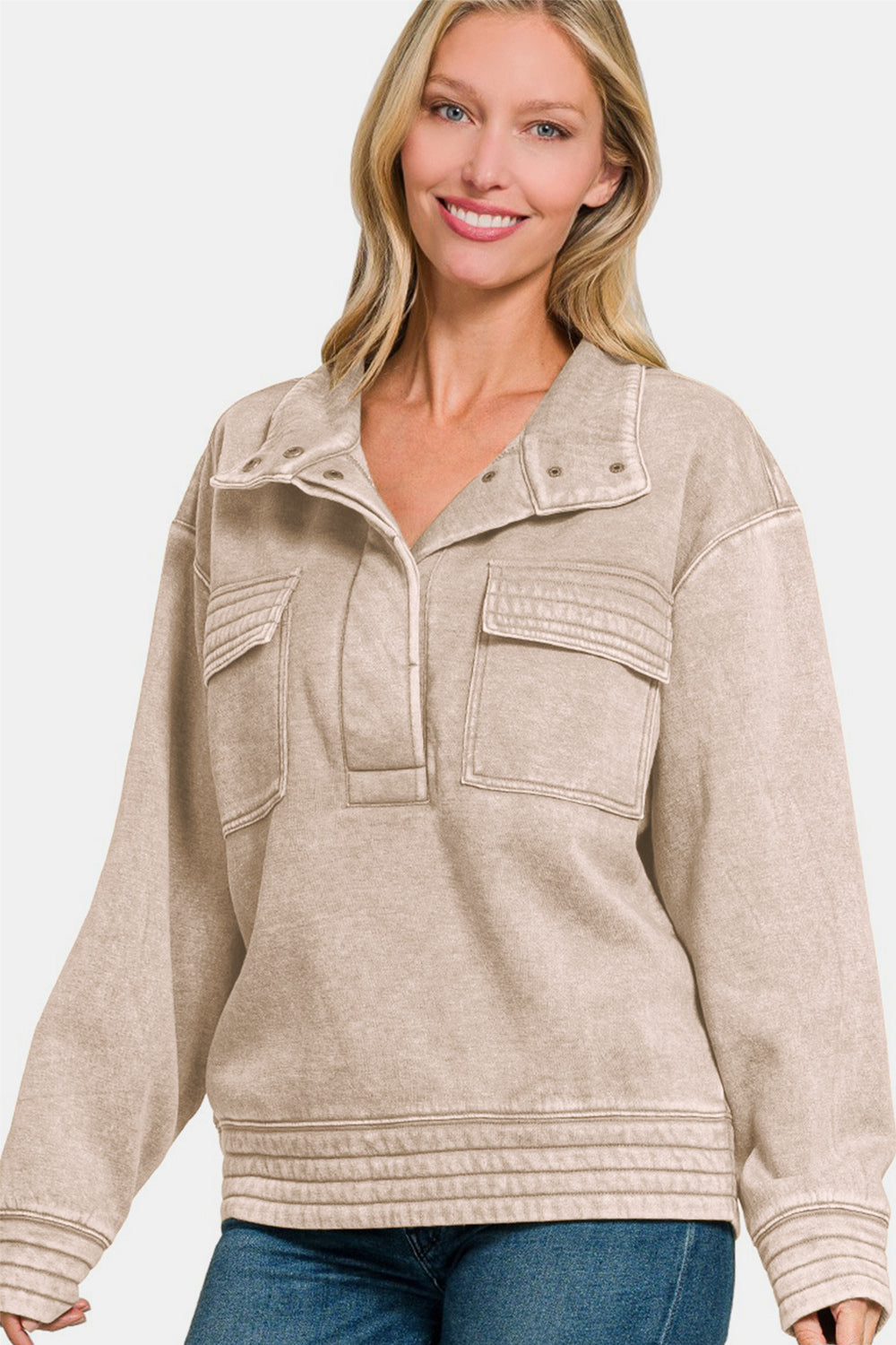 Zenana Acid Washed Half Snap Fleece Sweatshirt - Ash Mocha