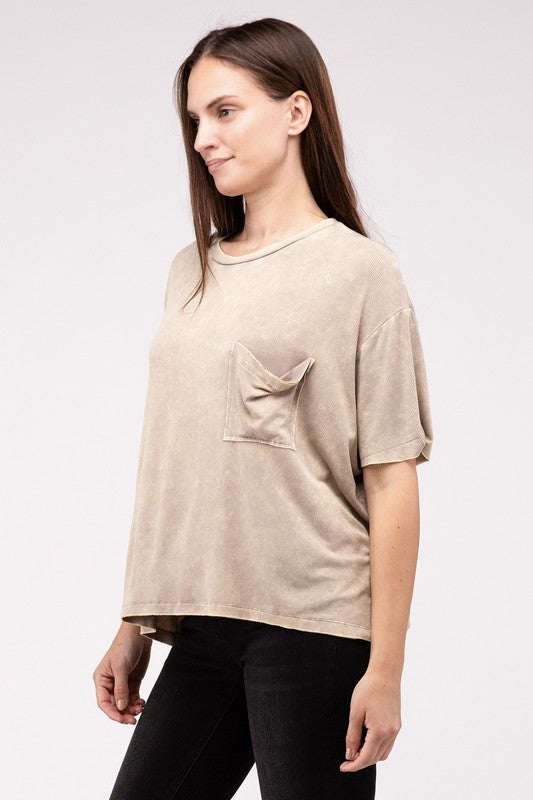 Washed Ribbed Cuffed Short Sleeve Round Neck Top - Zenana