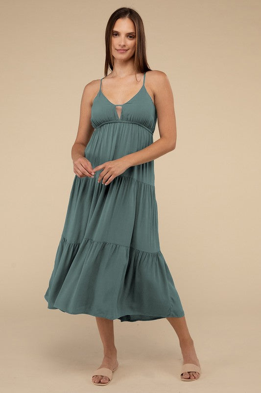 Woven Sweetheart Neckline Tiered Cami Midi Dress - Zenana