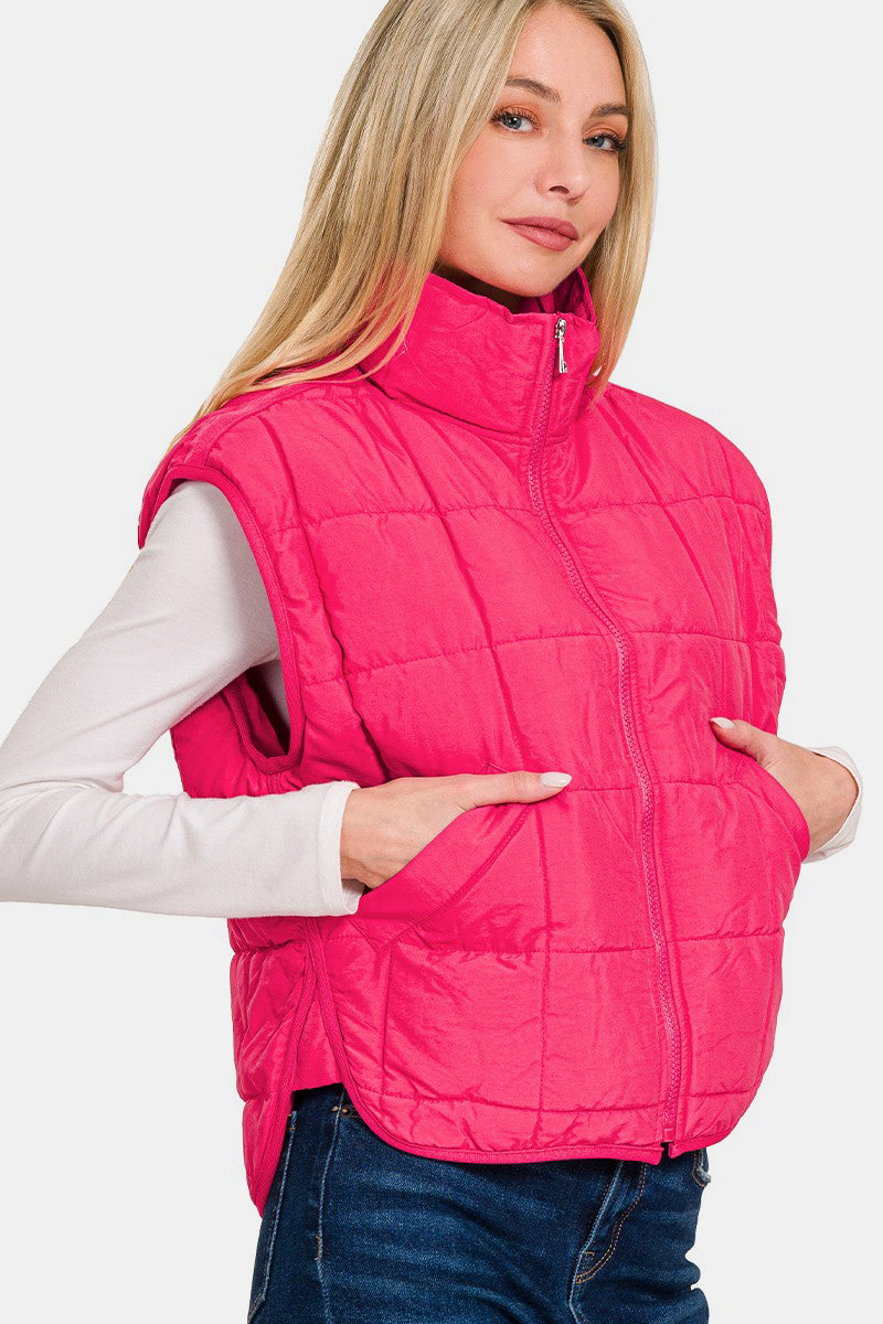 Zenana Zip Up Cropped Puffer Vest with Pockets - Hot Pink
