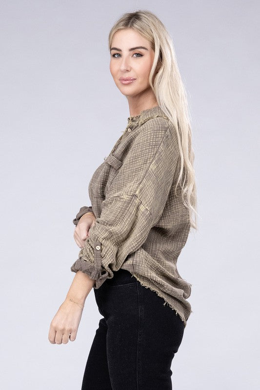 Washed Double Gauze Button Down Shirt - Zenana