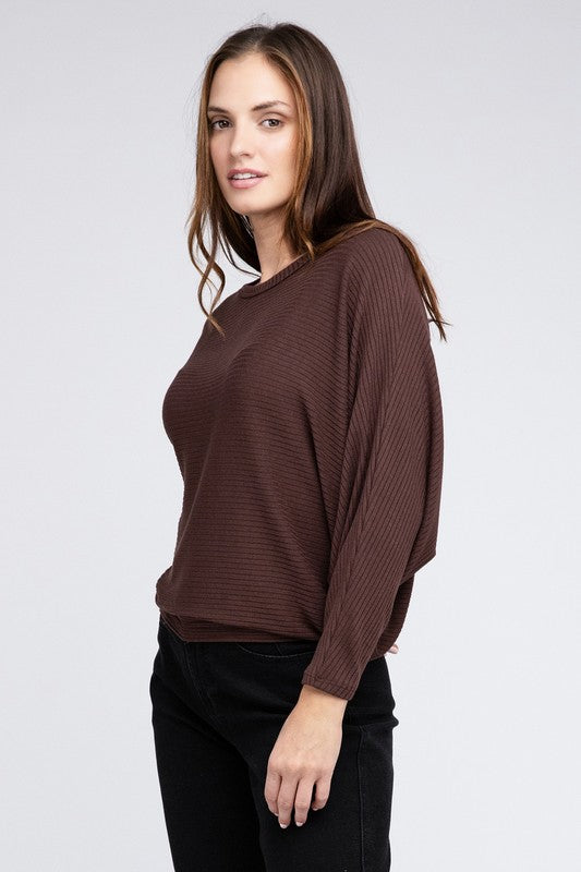 Ribbed Batwing Long Sleeve Boat Neck Sweater - Zenana