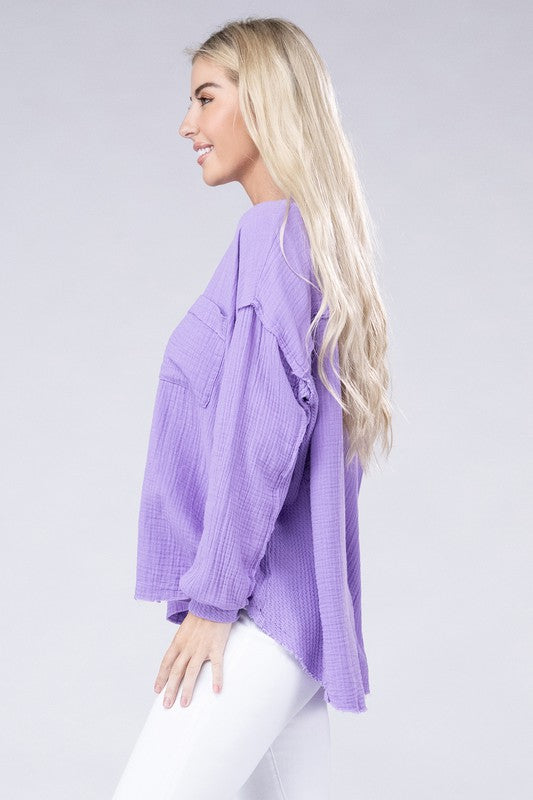 Double Gauze Oversized 3/4 Button Henley Neck Top - Zenana