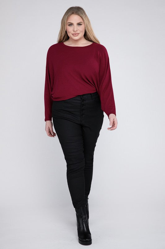 Plus Ribbed Batwing Long Sleeve Boat Neck Sweater - Zenana