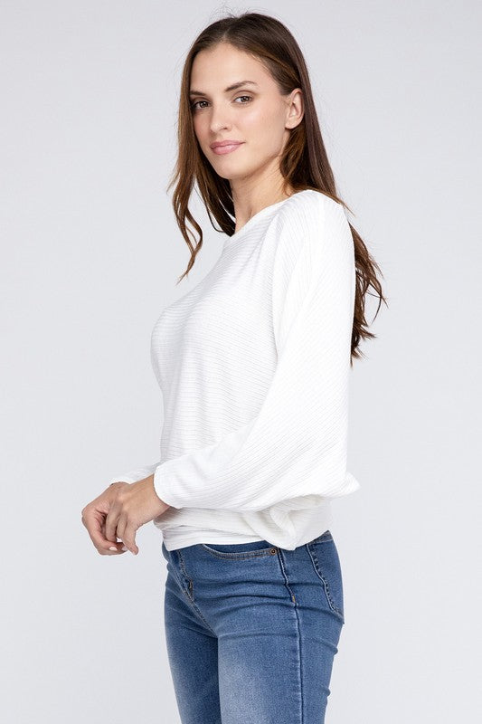Ribbed Batwing Long Sleeve Boat Neck Sweater - Zenana