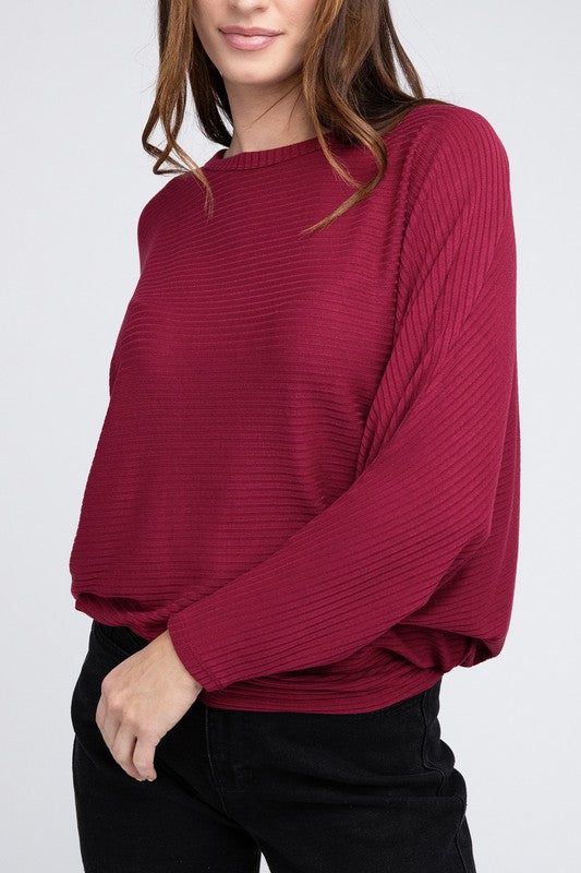 Ribbed Batwing Long Sleeve Boat Neck Sweater - Zenana