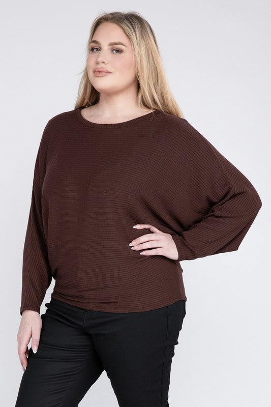 Plus Ribbed Batwing Long Sleeve Boat Neck Sweater - Zenana