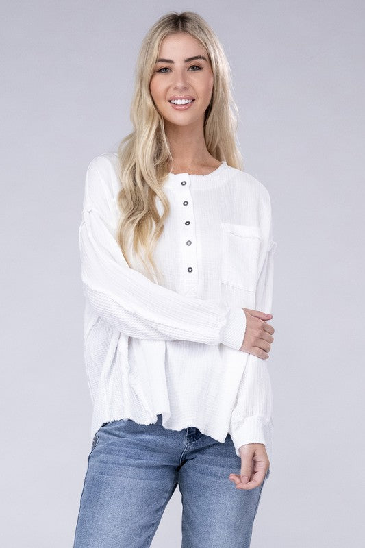 Double Gauze Oversized 3/4 Button Henley Neck Top - Zenana