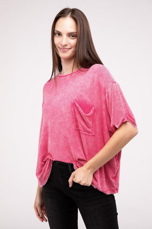 Washed Ribbed Cuffed Short Sleeve Round Neck Top - Zenana