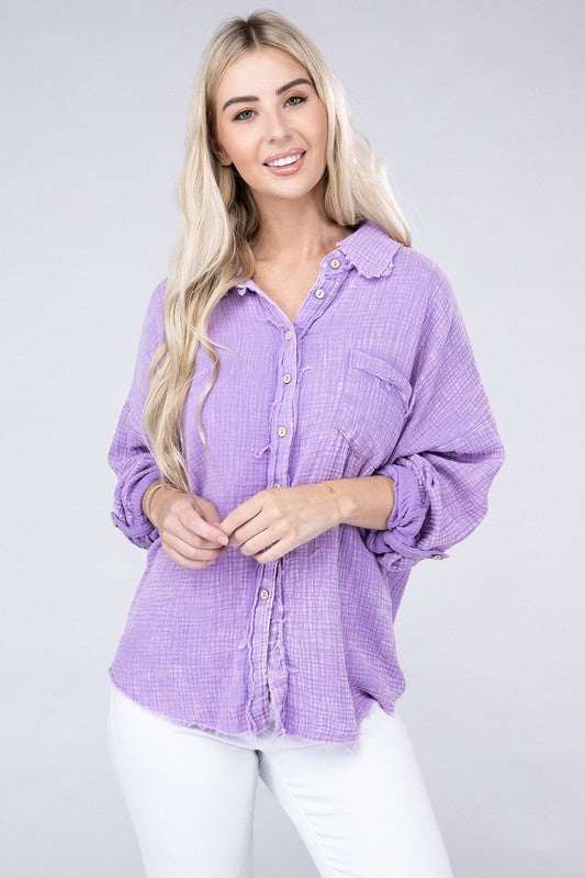 Washed Double Gauze Button Down Shirt - Zenana
