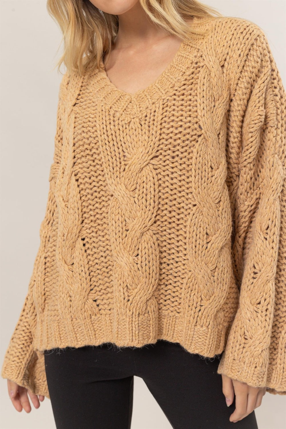 HYFVE Cable Knit V-Neck Sweater - Taupe