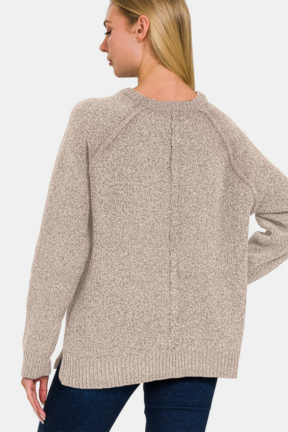Zenana Side Slit Raglan Sleeve Sweater - Light Mocha
